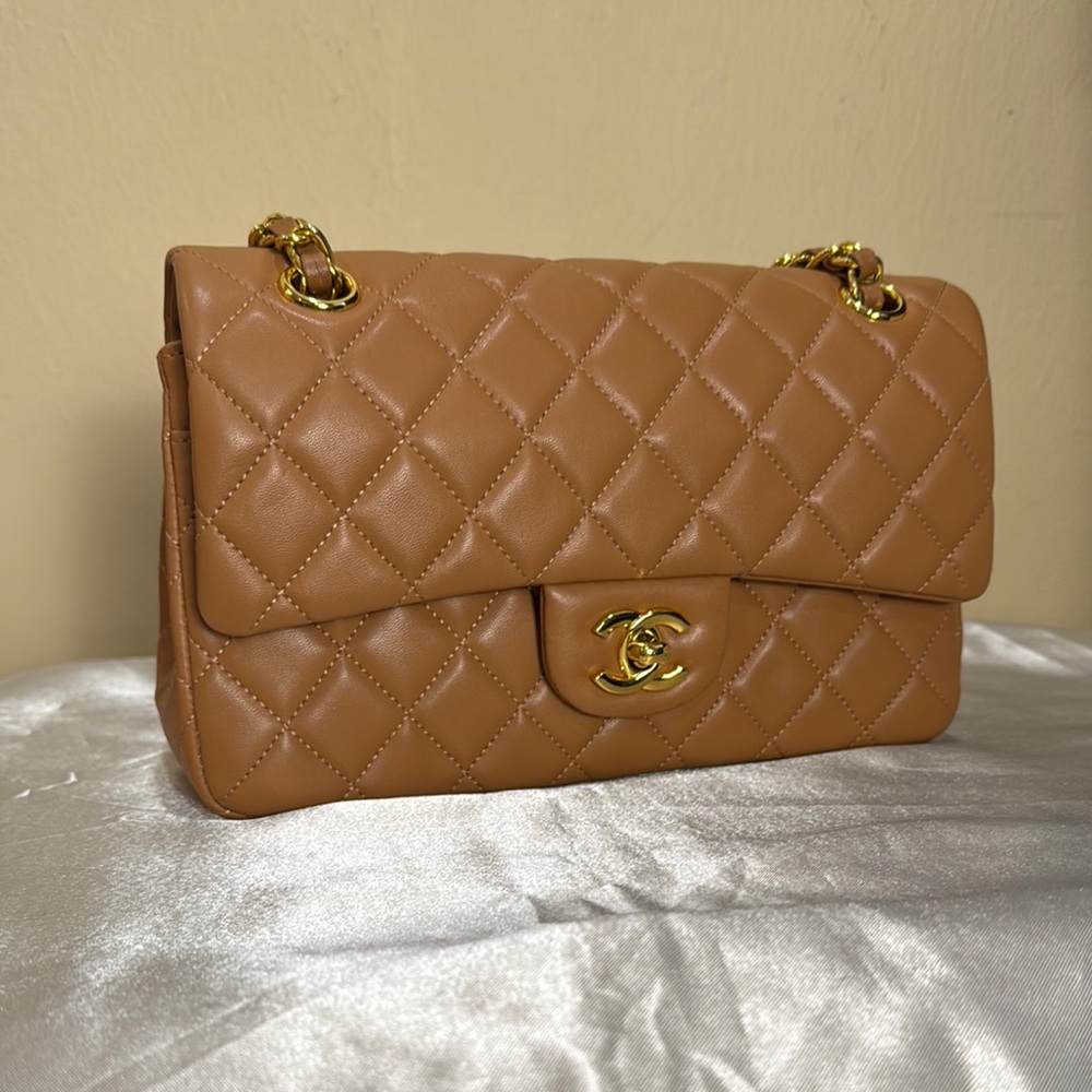 Tan and Gold Quilted Fashion Shoulder Bag